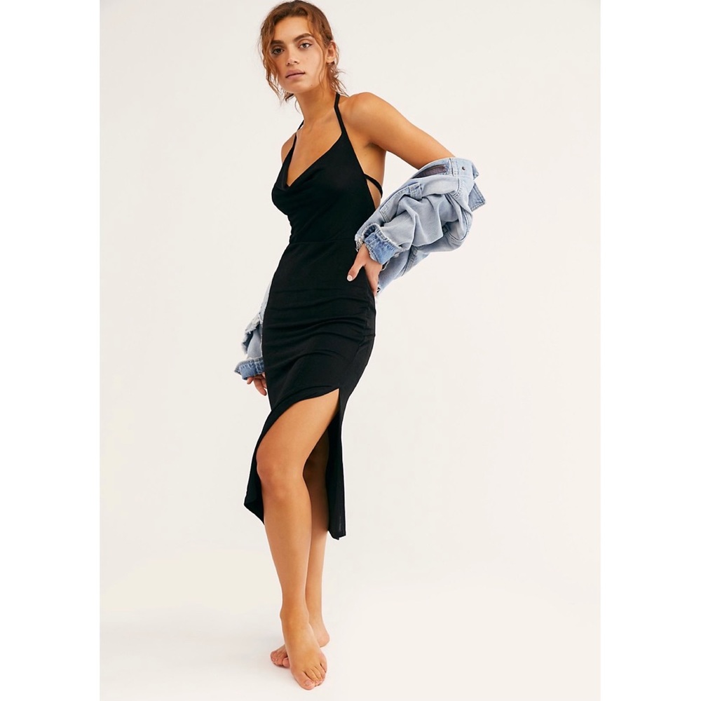 Free People Black Midi Slip Dress with Side Slit